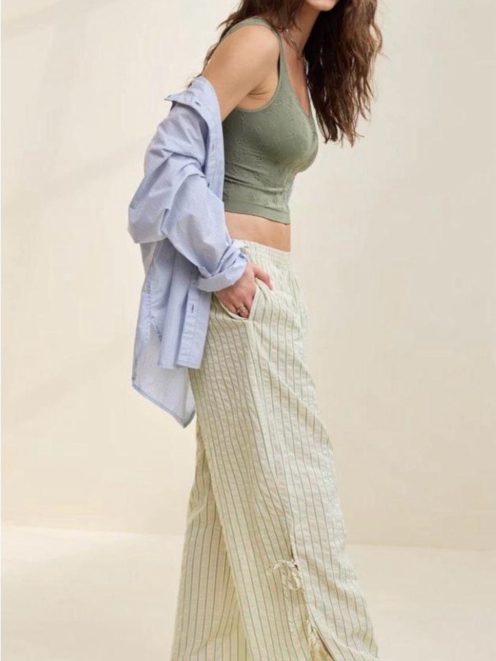 aerie Striped Cream and Green Maxi Skirt